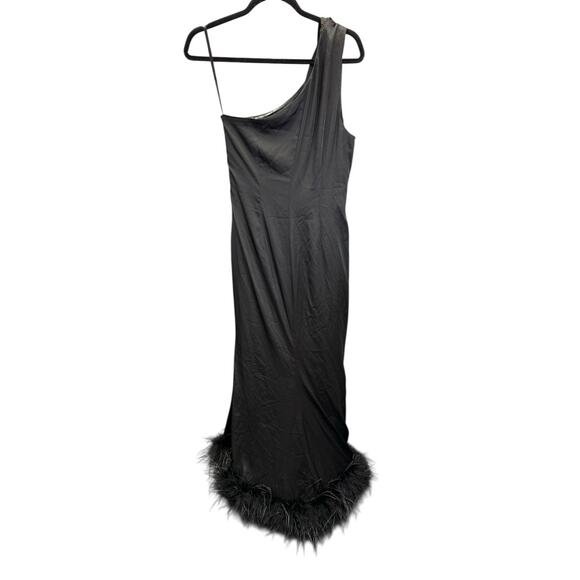 Hutch Black One Shoulder Midi Dress with Feathers Hem Size 6 Elegant Gown - Picture 7 of 10
